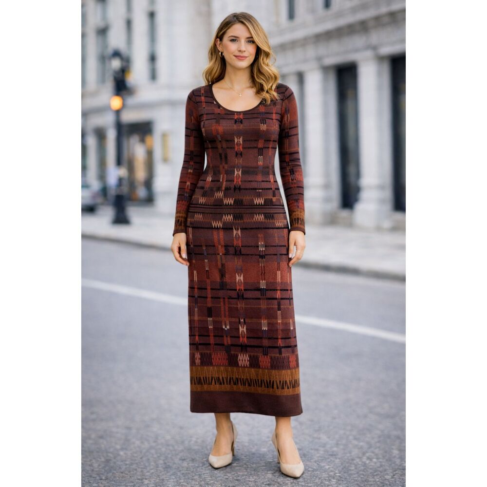 100% Pima Cotton Peruvian Connection Dress Brown Maxi Long Sleeve S